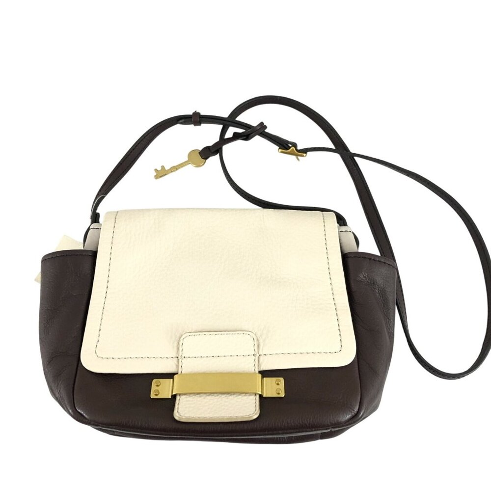 Fossil Crossbody Handbag Ava Flap Pebbled Leather Brown Ivory
